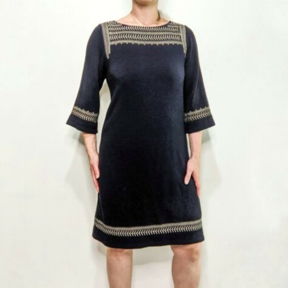 Anthropologie Dresses & Skirts - Edme & Esyllte for Anthropologie Embroidered & Lined Navy Blue Sweater Dress